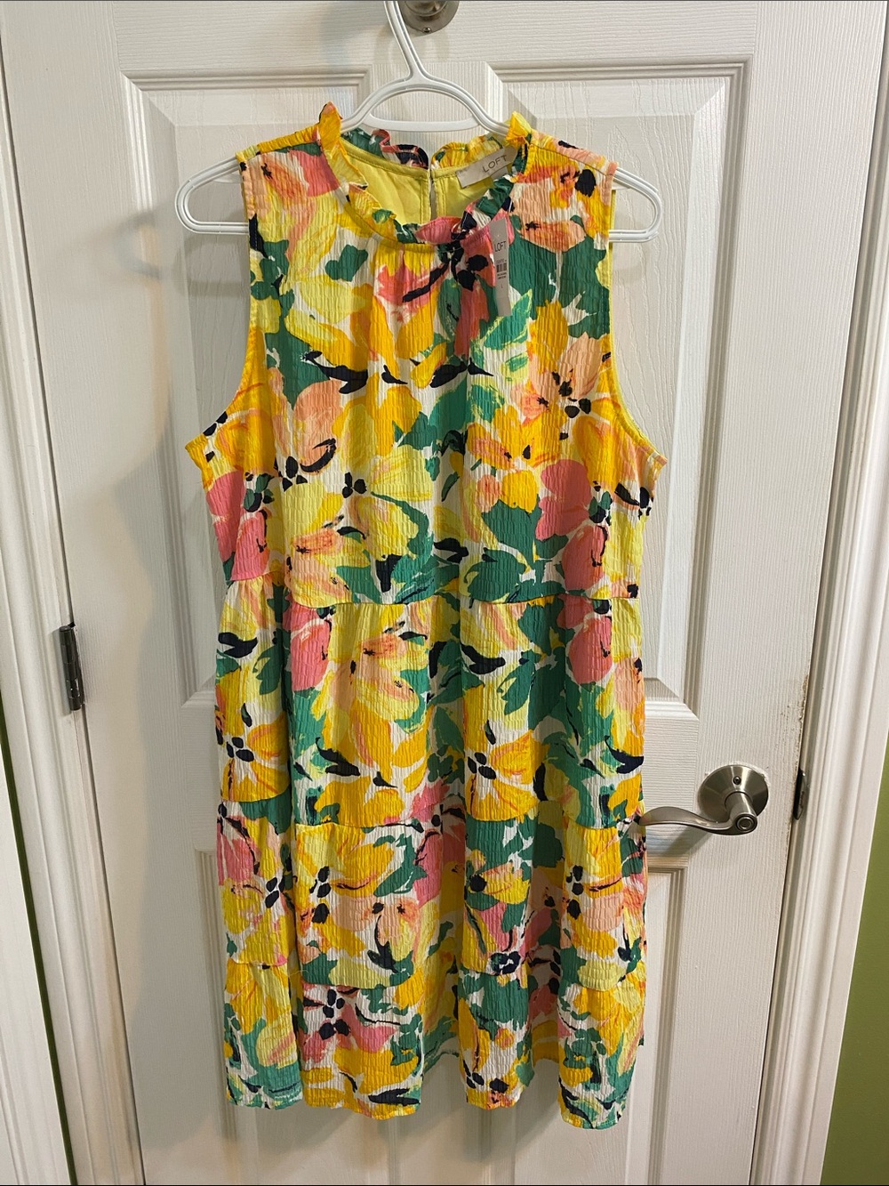 LOFT Yellow Floral Tiered Mini Dress sleeveless Swing Baby Doll Size Large NWT